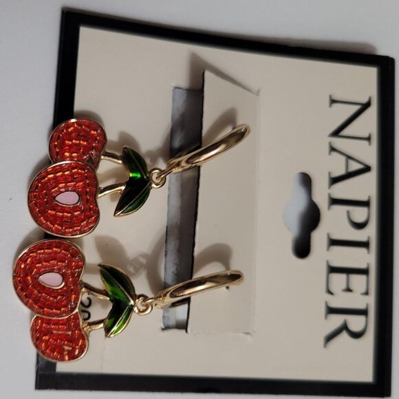 NAPIER Retro Gold Cherry & Stem Red/Green Enamel Hoop Drop Earrings**NEW! - Picture 2 of 3